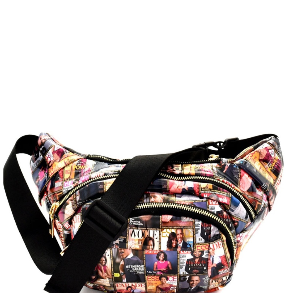 MAGAZINE PRINT MULTI-POCKET PATENT FANNY PACK